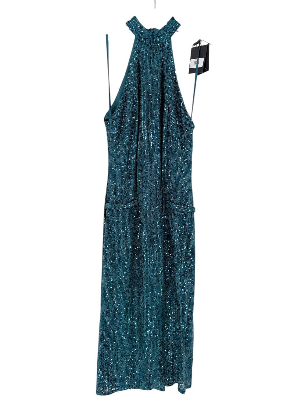 MAC DUGGAL Midi Dress Size XS NEW Turquoise Halter Full Sequin Faux Pockets